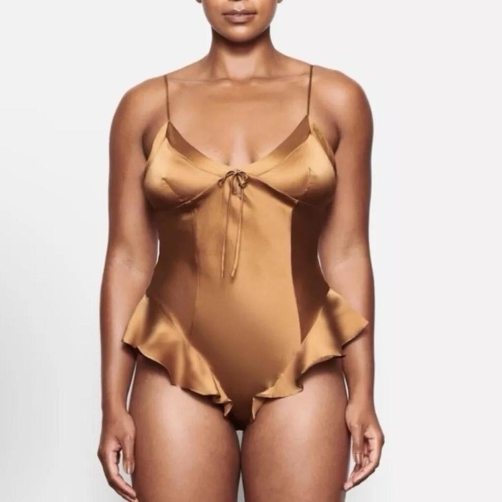 Skims Silk Brown Ruffle Bodysuit Large